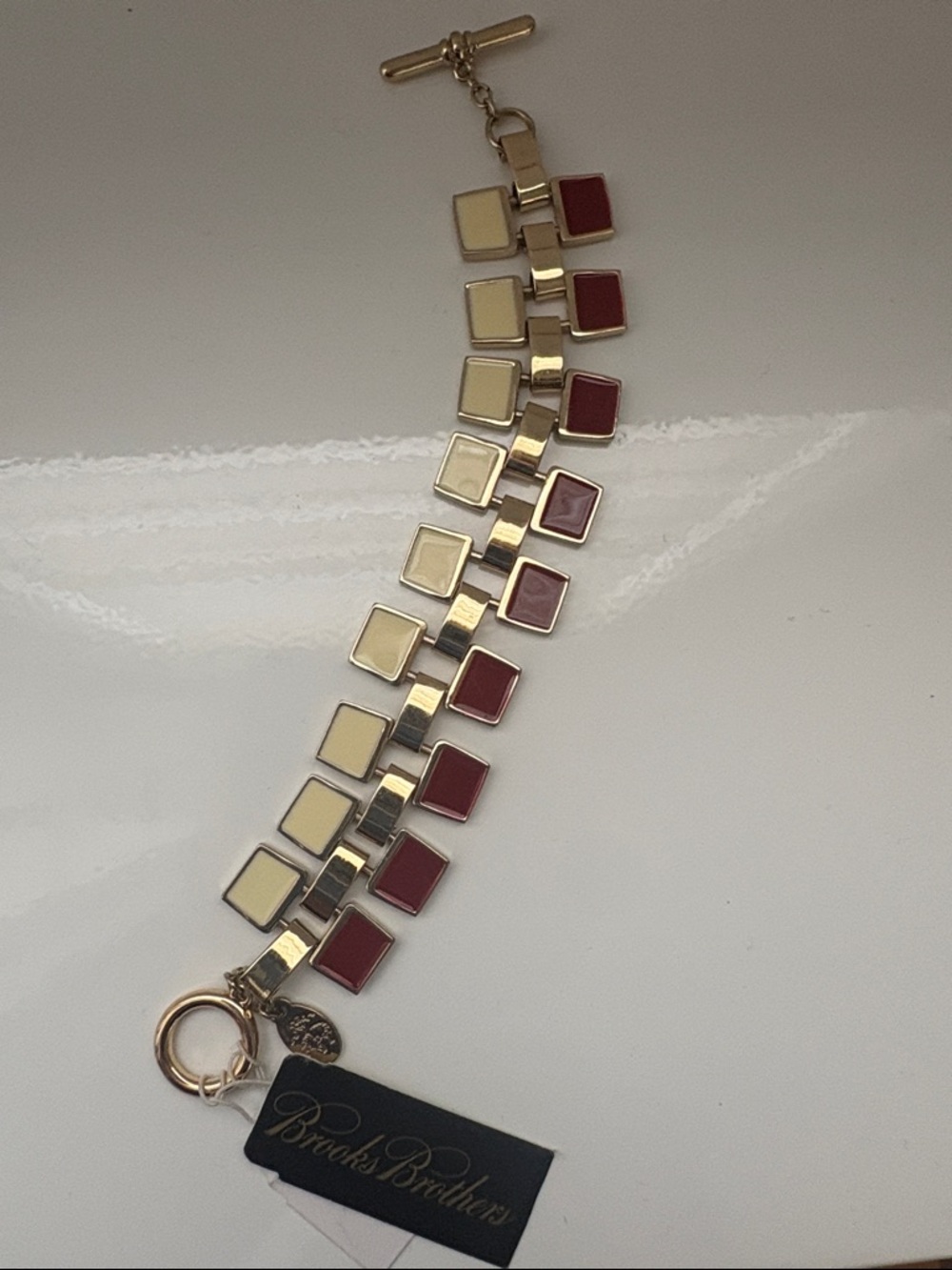 Brooks Brothers Gold-Tone Bracelet with Cream and Burgundy Enamel Squares